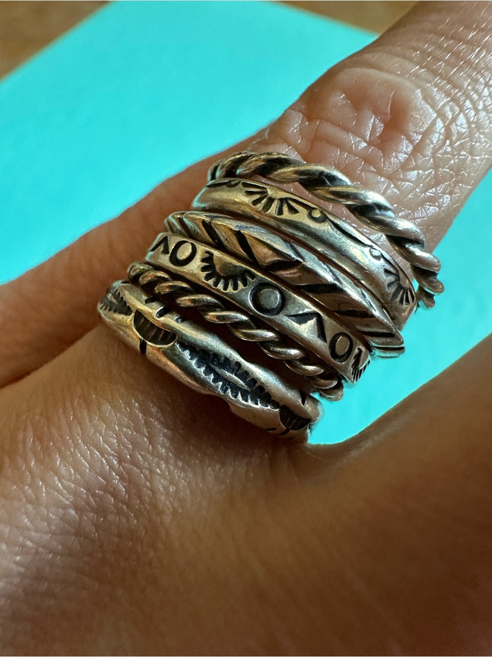 Vintage 6 Stackable Native American Design Sterling Rings - Picture 5 of 11
